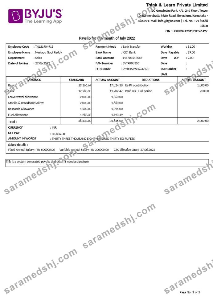 BYJU-s learning app payslip template in Word and PDF formats.pdf, 1